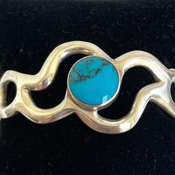 Taxco Sterling Silver Mexico Sandcast Turquoise Modernist Hinged Bangle Bracelet - Picture 11 of 16